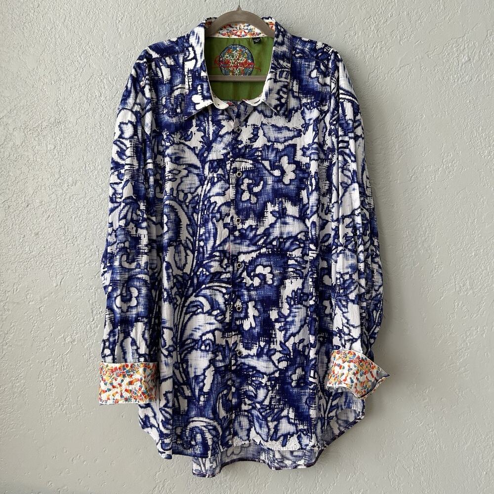 Robert Graham Shirt 4XL Blue White Floral Flip Cuff Embroidered Bluewater *stain
